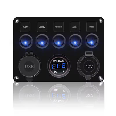 5 Gang Switch Panel with LED indication and rocker switches 12v/24v